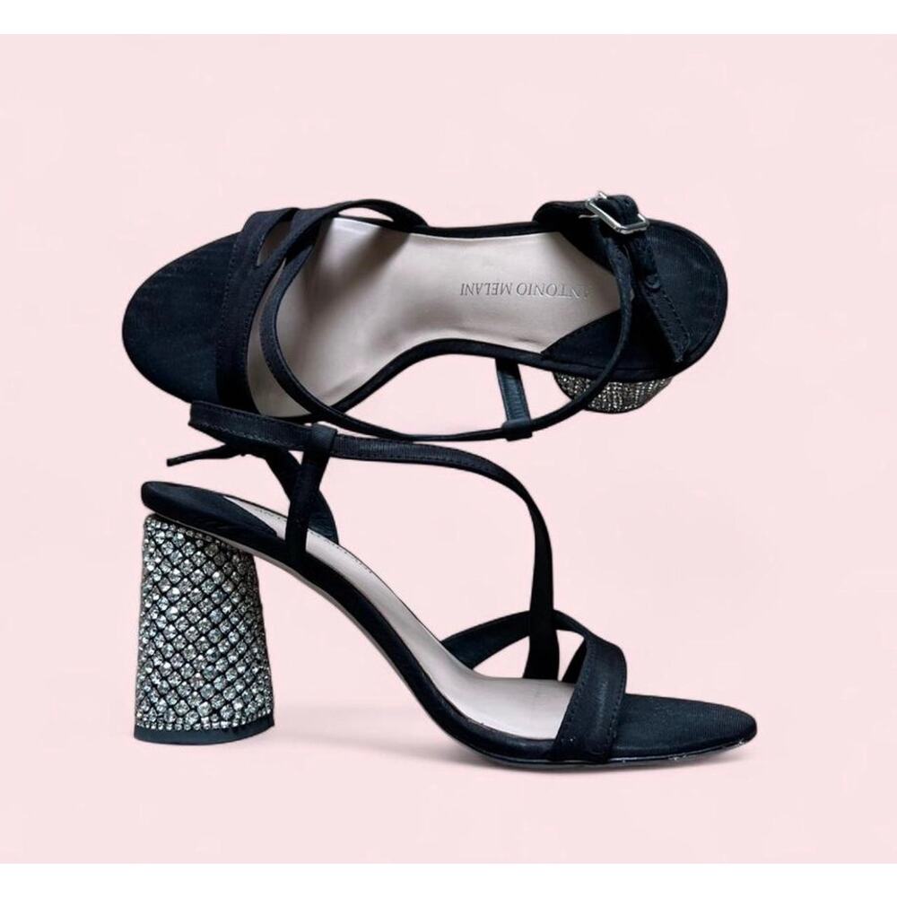 Antonio Melani Larie Black Rhinestone Block Heel Sandals Women’s Sz10M $160 NWOB